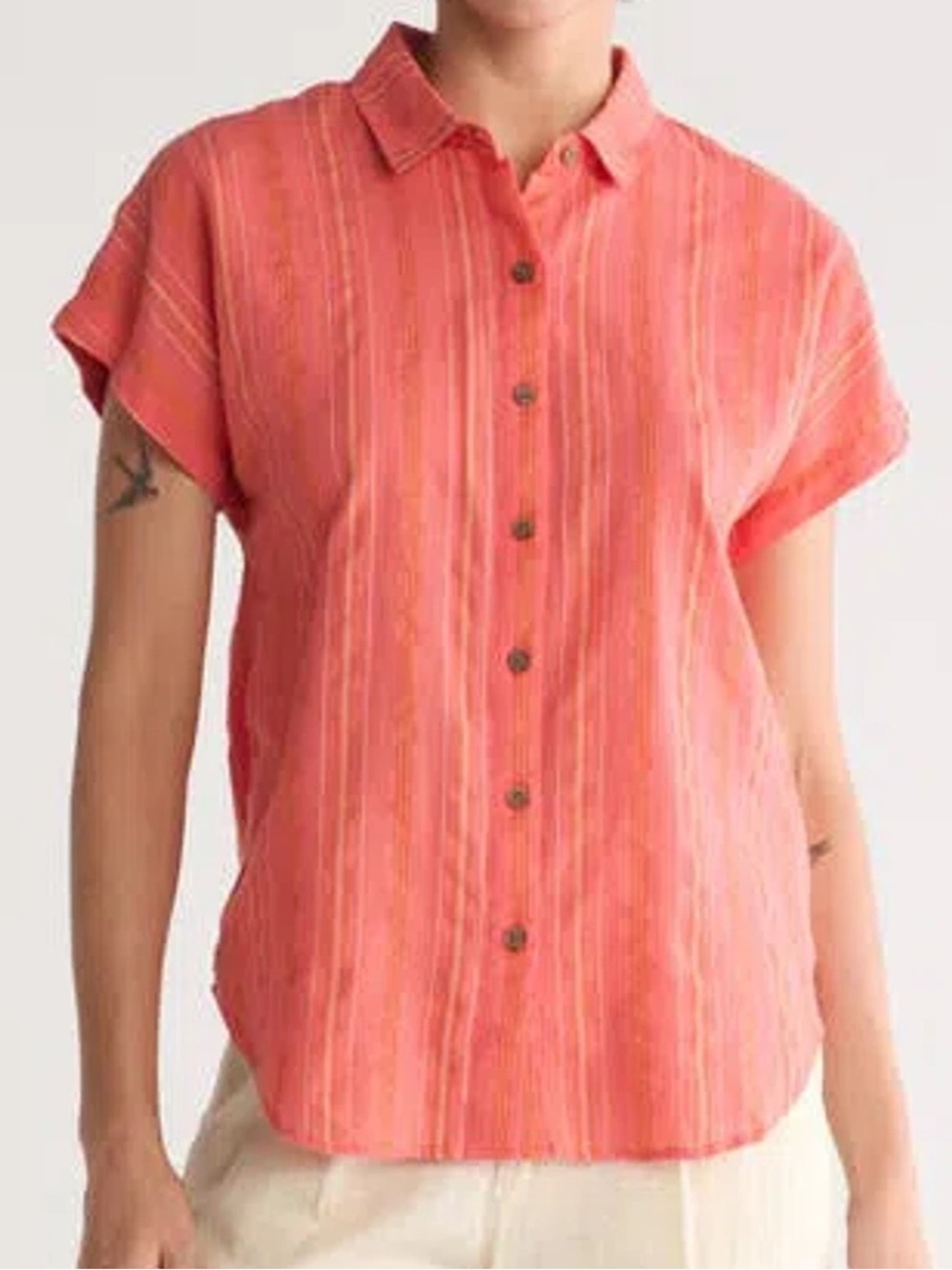 Marine Layer Dana Stripe Short Sleeve Button-up Shirt In Coral Stripe Size M
